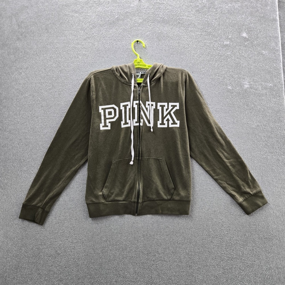 PINK Victoria's Secret Women Hoodie L Green PINK Spellout Activewear Zipper READ